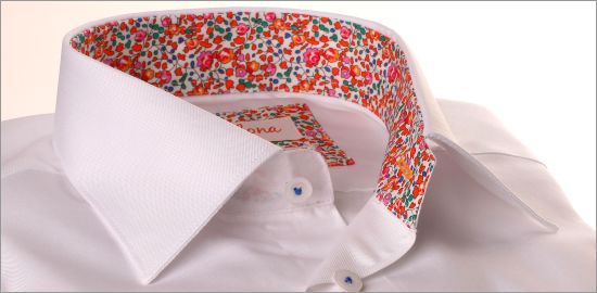 White shirt with multicolor floral collar and cuffs