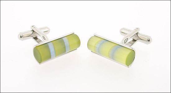 Bouton de manchette cylindre de verre jaune à stries grises