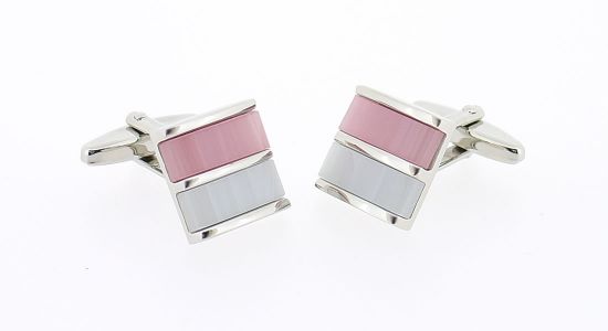Boutons de manchette carrés avec pierres rose et blanche