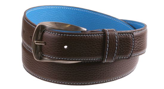 Bruin en blauw lederen riem met blauwe zelfkant