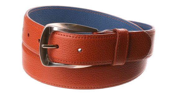 Licht bruin en grijs-blauw lederen riem