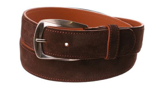 Chocolate brown suede belt with light brown reverse and selvedge