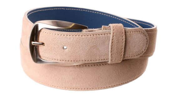 Beige suède riem met een blauwe omgekeerde