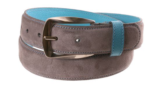 Ceinture en veau velours gris clair à revers et surpiqûres bleu turquoise