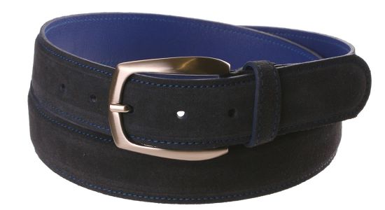 Donkerblauwe suede riem met blauwe achterzijde