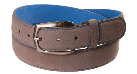 Grijze suede riem met blauwe achterkant