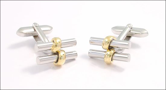 Bouton de manchette double barres enlacées d'un noeud doré