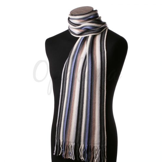 Bufanda azul, a rayas beige y gris
