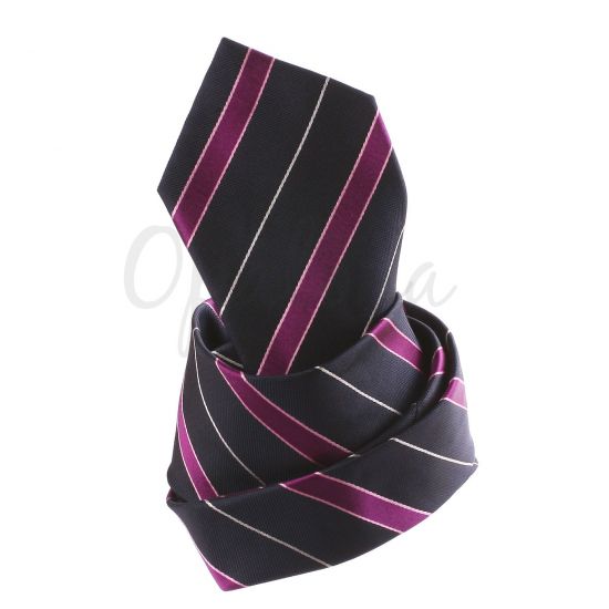 Black tie with purple and pink stripes