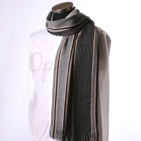 Bufanda gris a rayas beige y negro