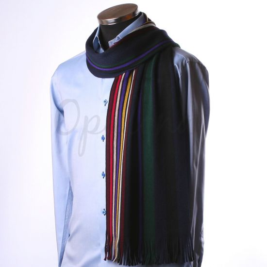 Bufanda azul marino con rayas verdes, rojo, morado y amarillo