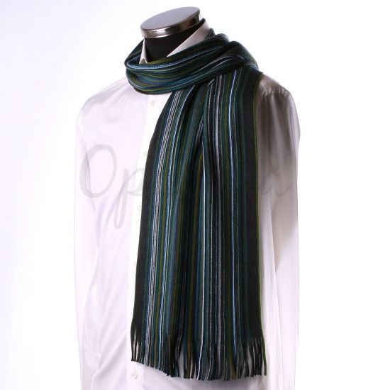 Bufanda con finas rayas de color verde, gris y azul