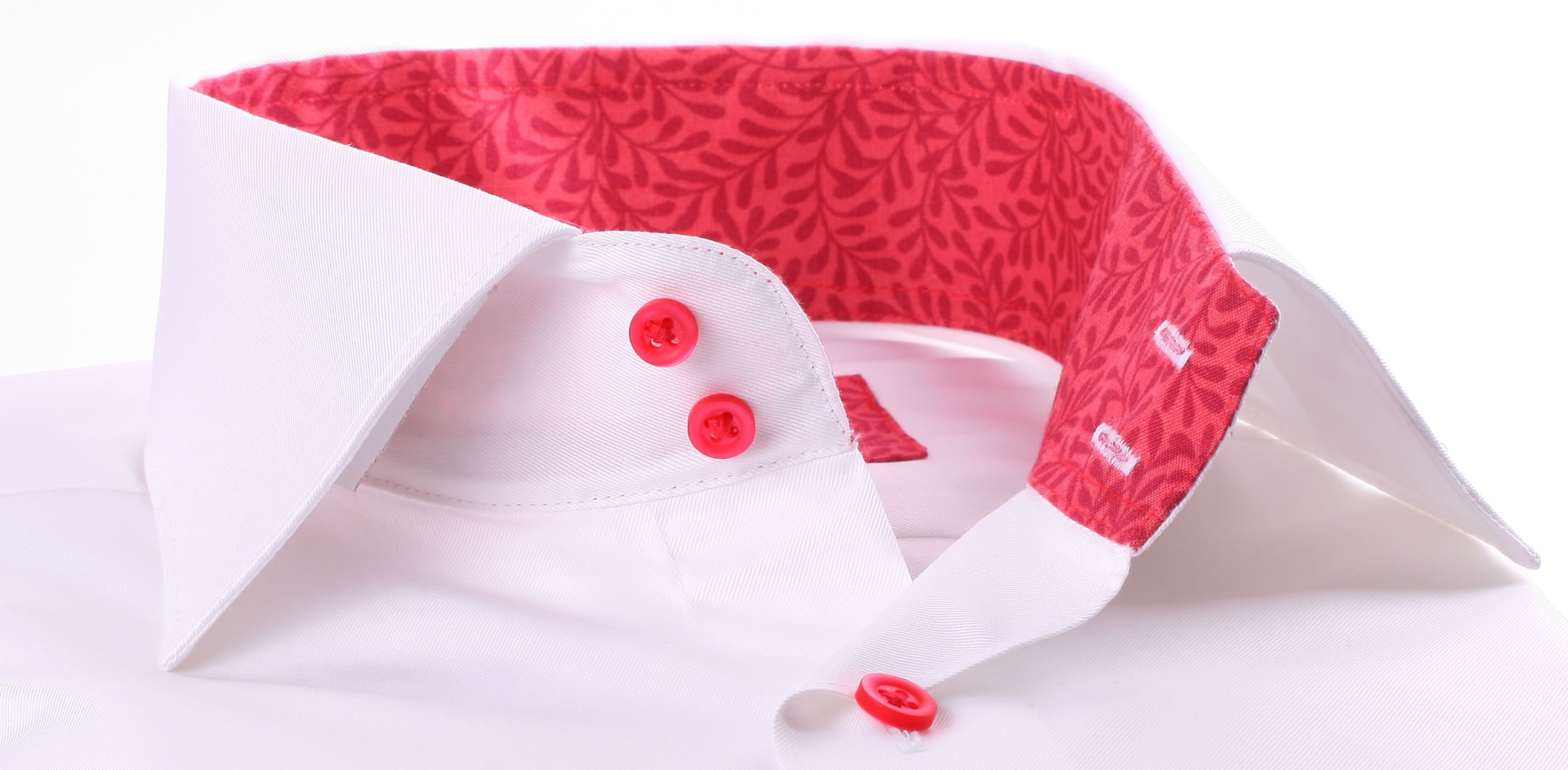 White slim fit shirt with red floral collar and cuffs and red buttons