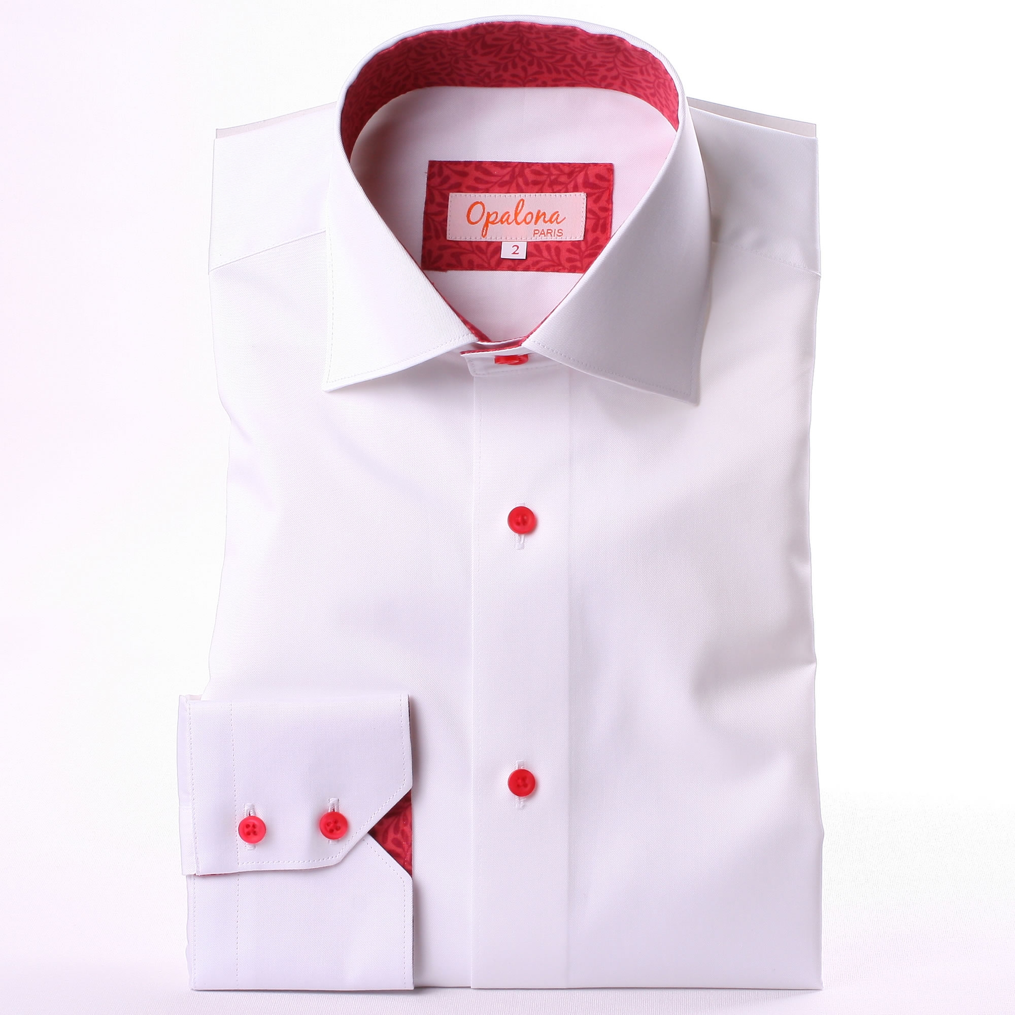 White slim fit shirt with red floral collar and cuffs and red buttons