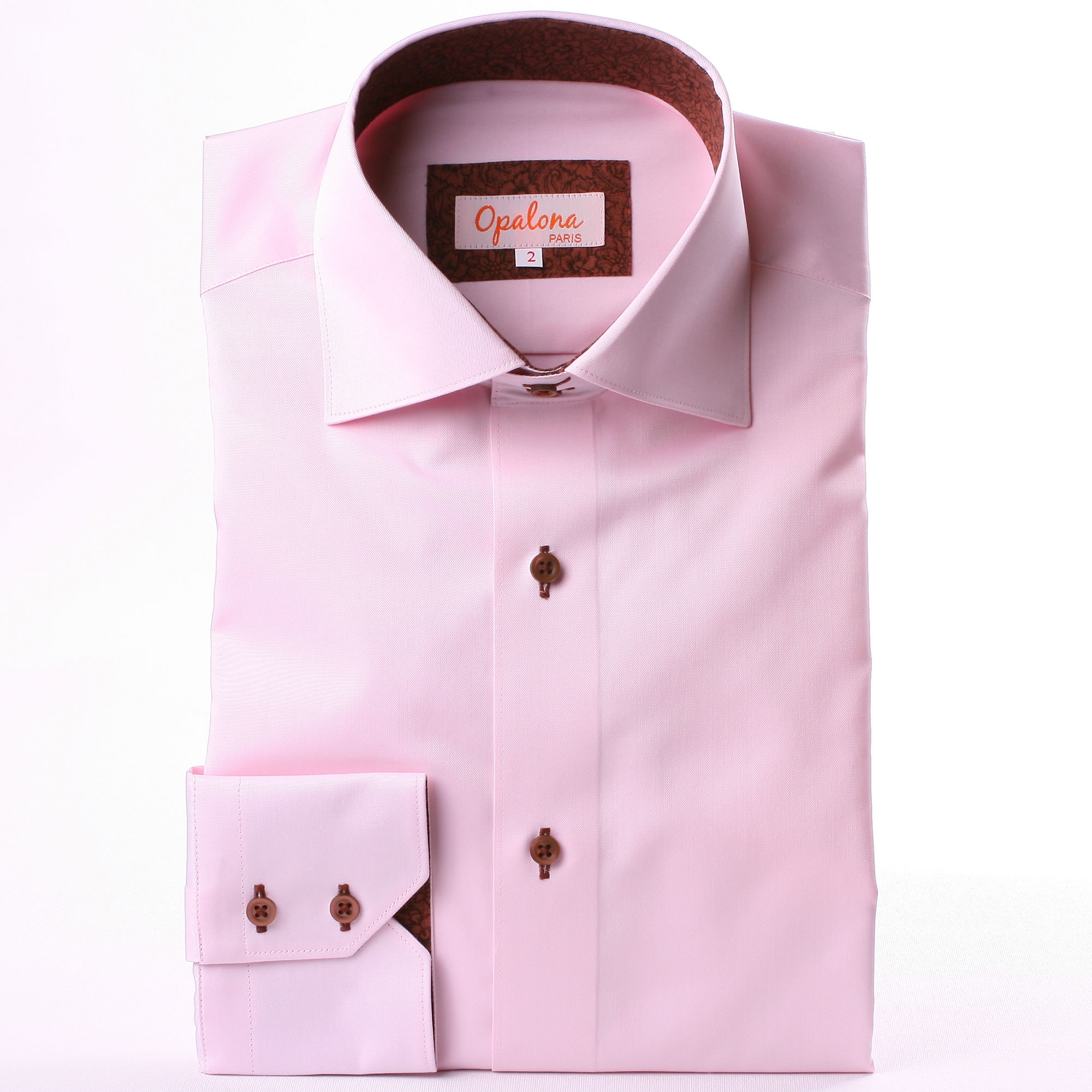 Pink shirt with brown floral collar and cuffs and brown buttons