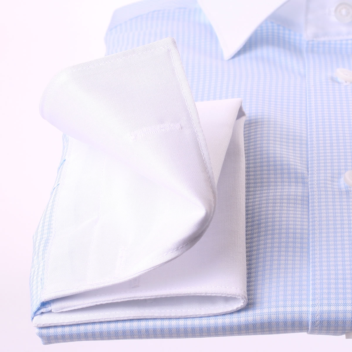 Blue and white checkered french cuff shirt, white collar and cuffs