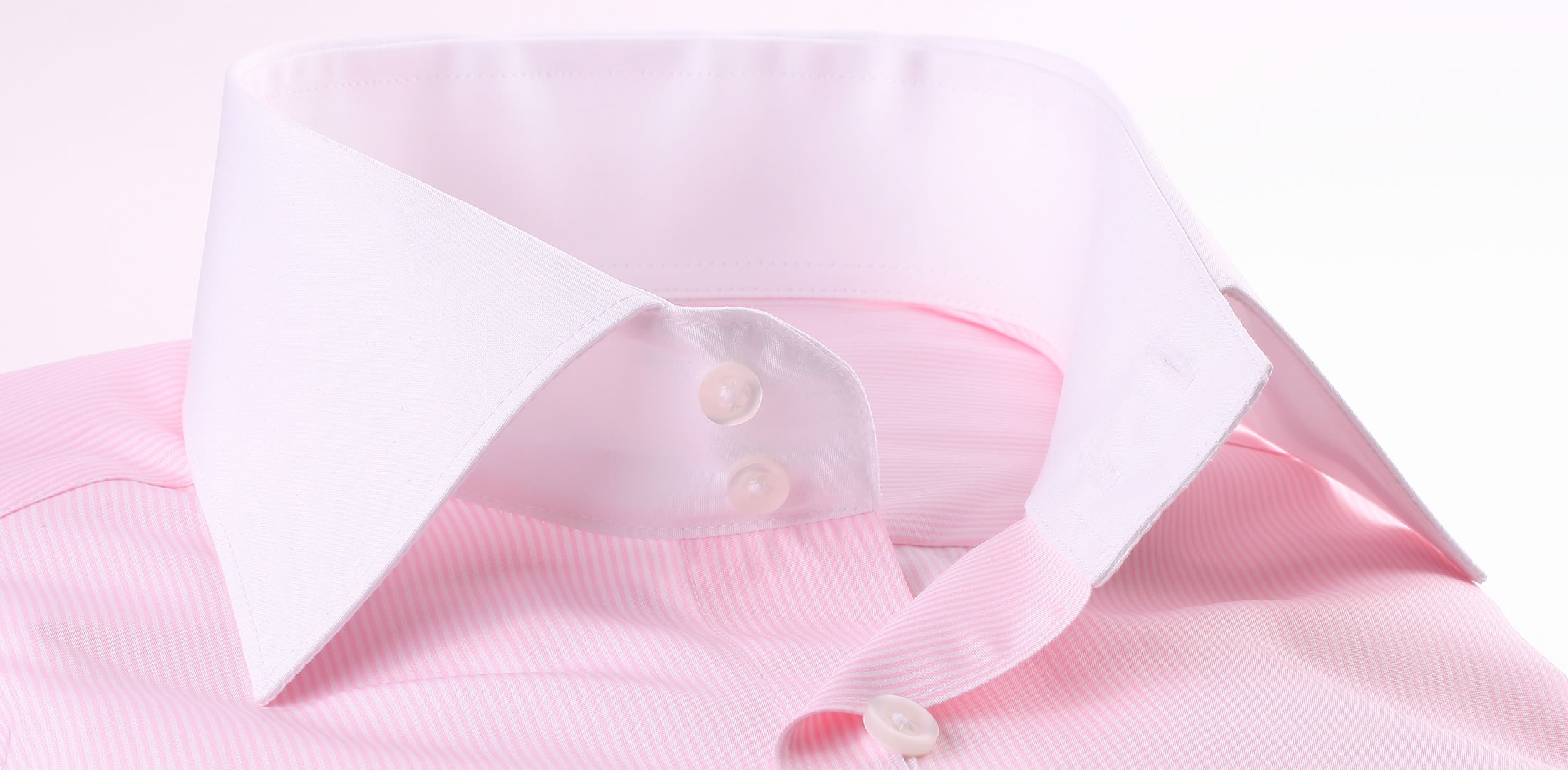 Pink and white striped shirt with white collar and cuffs