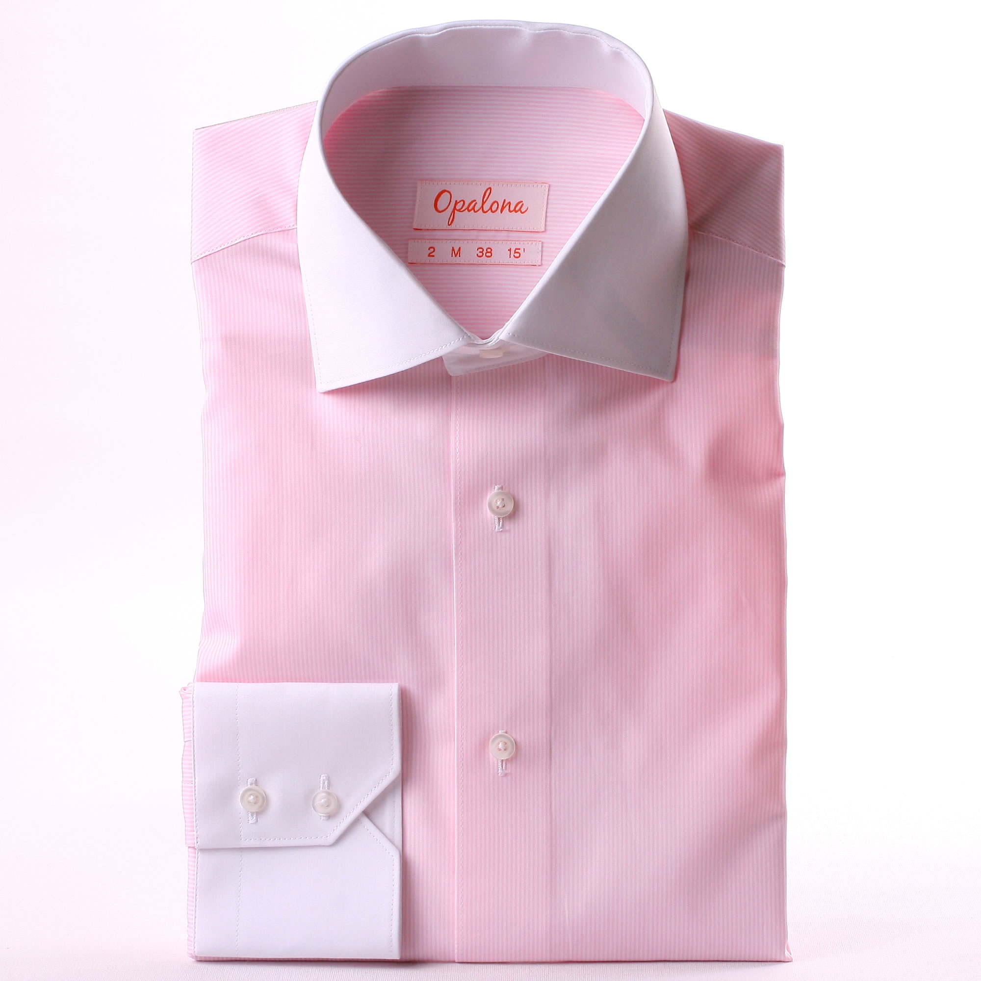 Pink and white striped shirt with white collar and cuffs