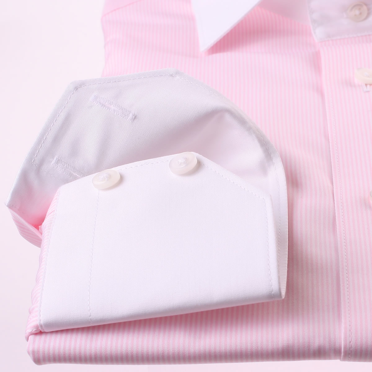 Pink and white striped shirt with white collar and cuffs