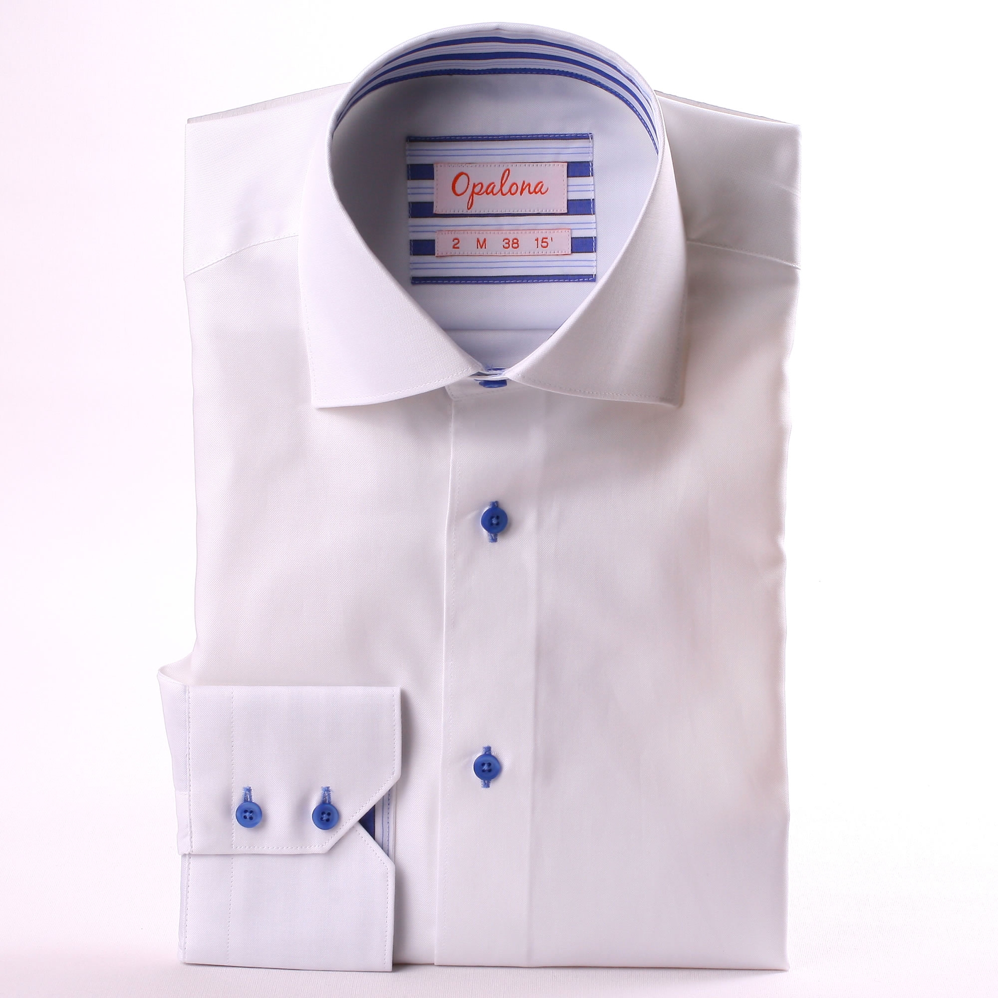 White shirt with blue and white striped collar and cuffs