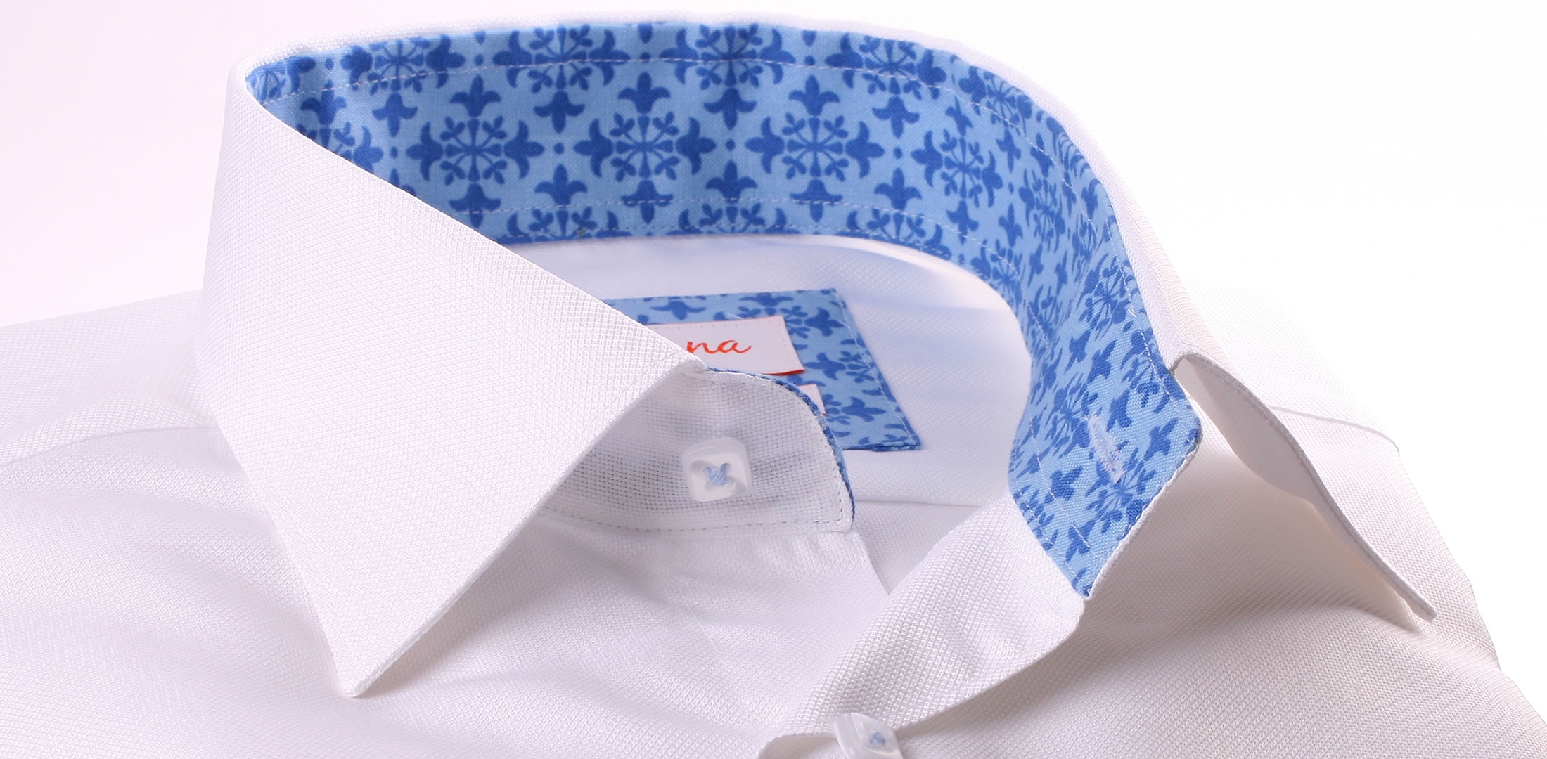 White french cuff shirt with blue patterns collar and cuffs