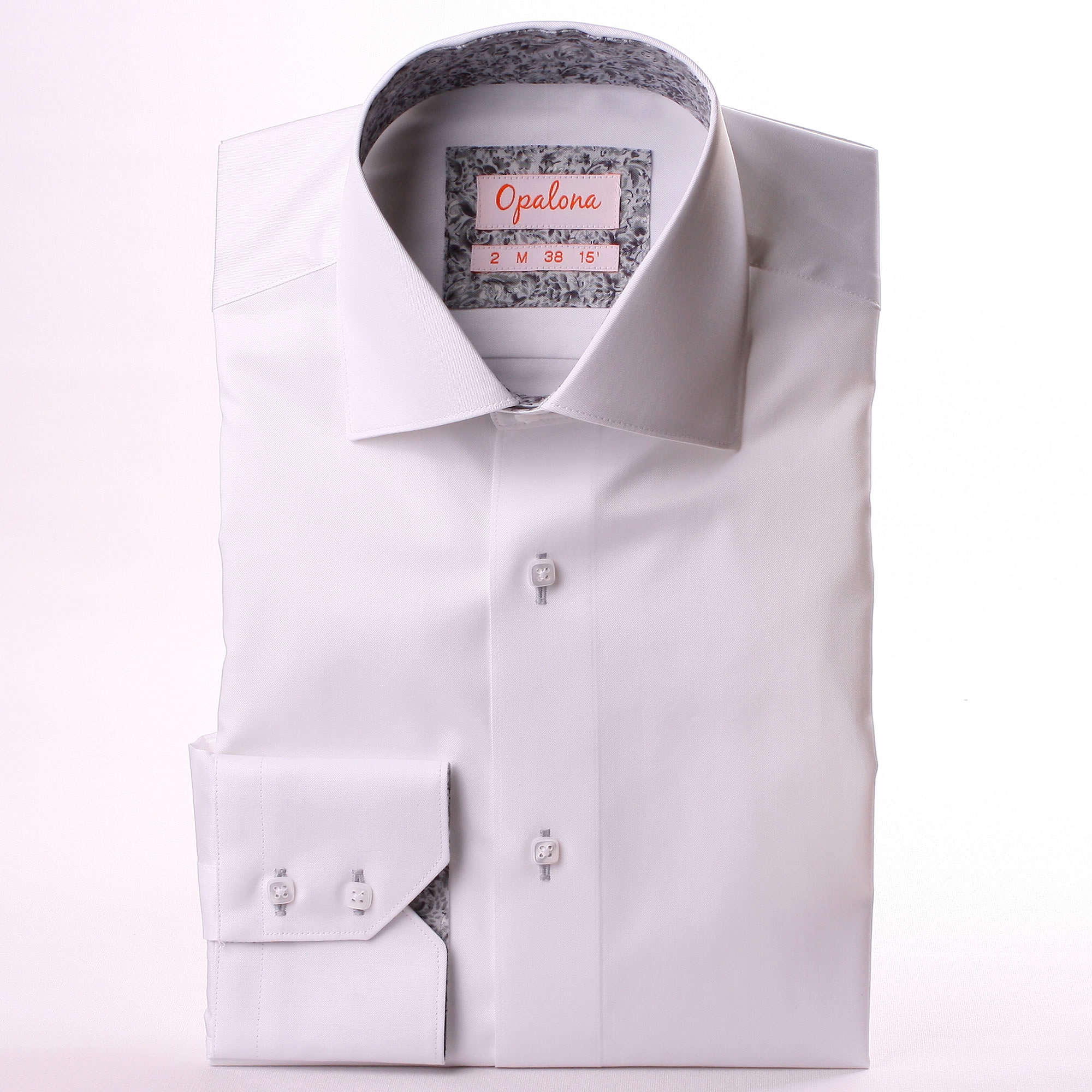 White shirt with light grey pattern collar and cuffs