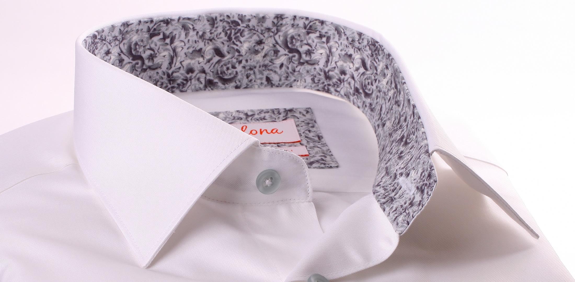 White french cuff shirt with grey pattern collar and cuffs