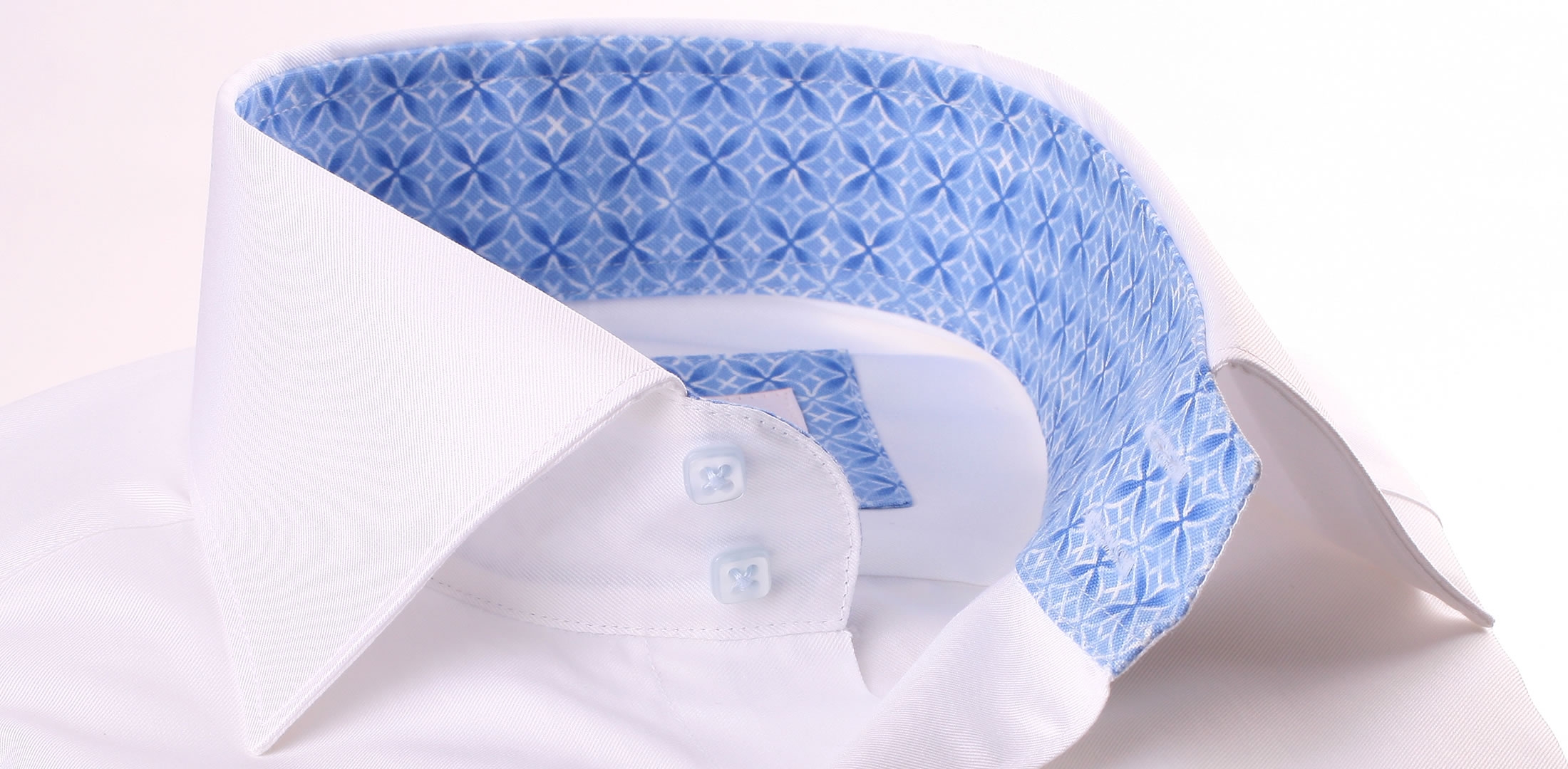White shirt with sky blue pattern collar and cuffs