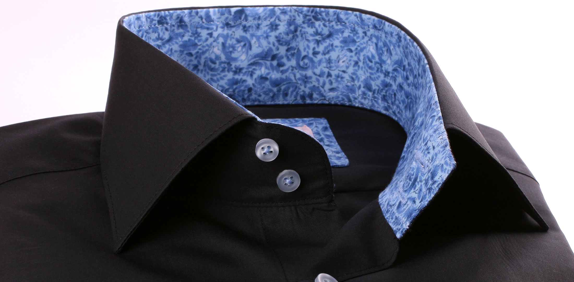 Black french cuff shirt with blue pattern collar and cuffs