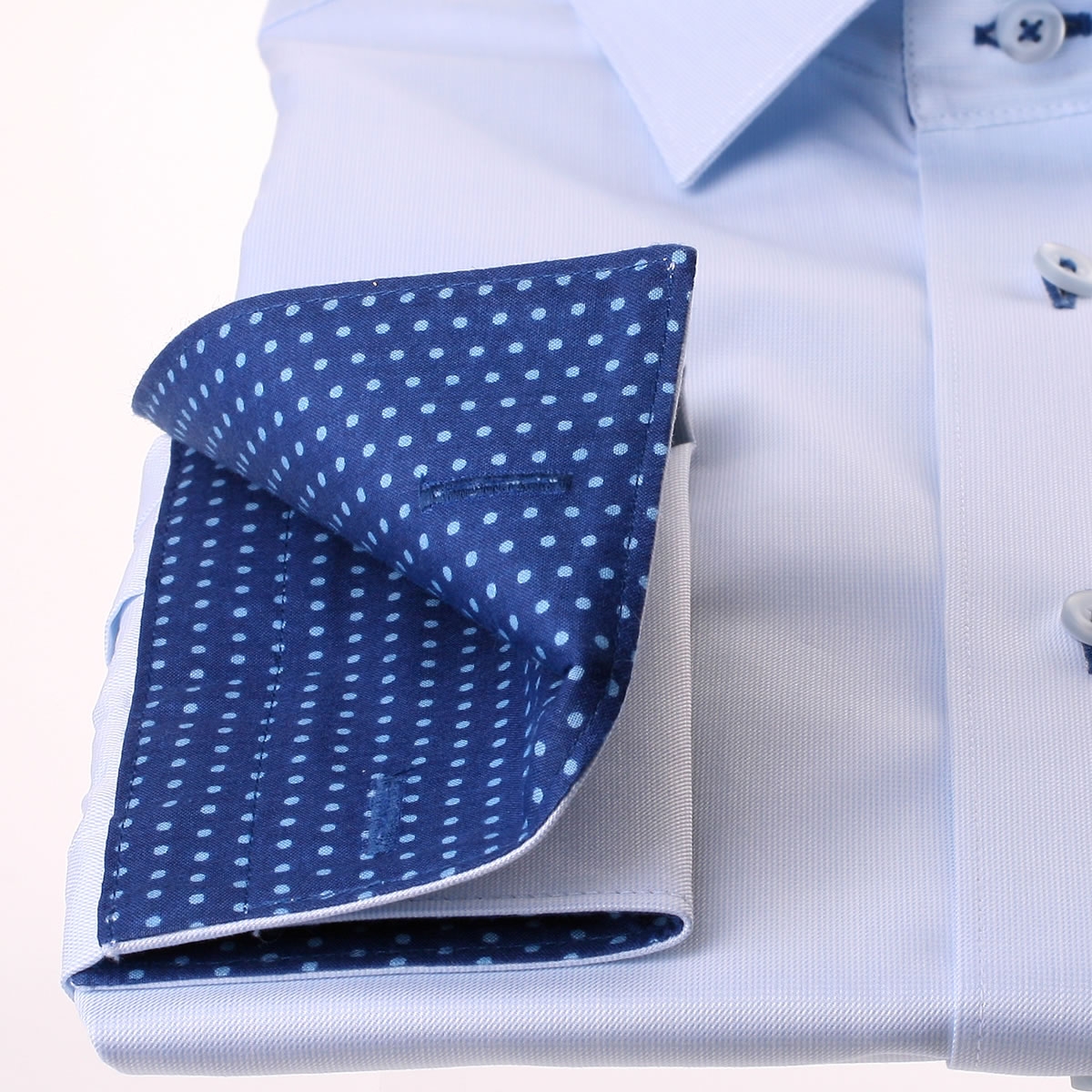 Light blue french cuff shirt with blue dots collar and cuffs